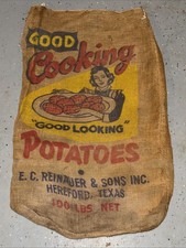 Bolsa de arpillera de papas Texas Good Cooking de colección saco de conejito 100 libras raro antiguo