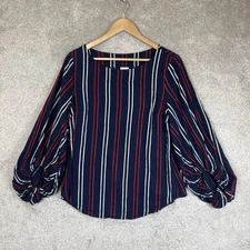 Cabi Blouse Womens Medium Blue Stripe Cotton Balloon Sleeve Pullover- 2653*