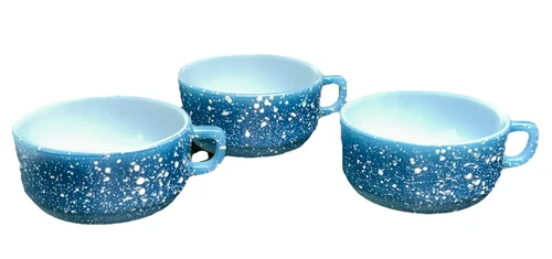 3 Vtg Anchor Hocking  FIRE KING Blue Speckled Oven Proof Soup Bowl Mug #054