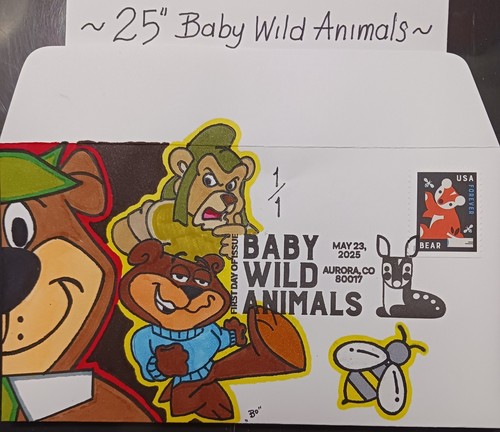 2025 Baby Wild Animals First Day Cover~ Hand Drawn Colored 1/1~ Bears~ Yogi - Picture 2 of 2