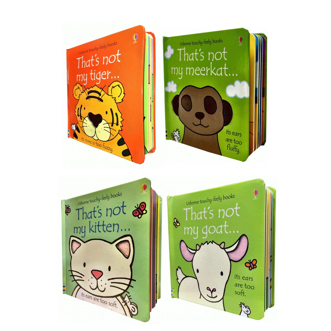 Thats Not My Touchy-Feely 4 Board Books Set Kitten, Goat, Tiger, Meerkat | Fiona