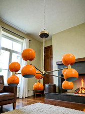 Mid Century Sputnik Chandelier: Brass & Orange Ball Ceiling Light