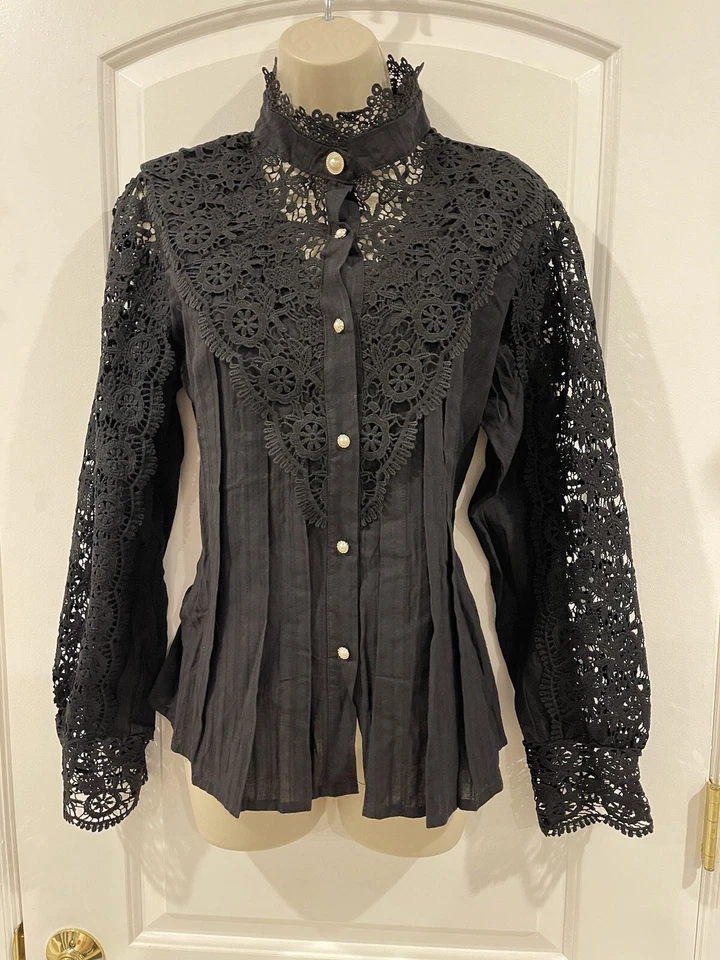 Nueva Blusa de Encaje XXL Para Mujer Negra Cuello Simulado Plisado Cuentas Botón Manga Larga
