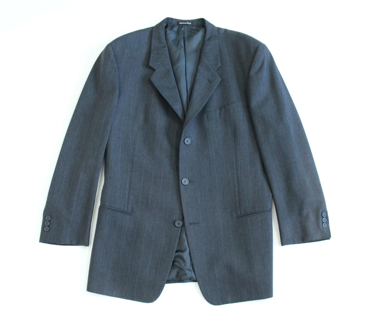 Archive VTG 90s Armani Charcoal Wool Striped 3 Button Full Cut Suit Italy Sz 42R