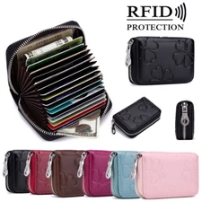 RFID-Blocking Women Leather Wallet Purse Small Credit Card Holder Zip Pocket Bag
