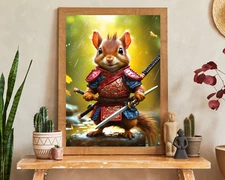 Cute Samurai Squirrel Printable Wall Art, Samurai Portrait, Squirrel Digital Art
