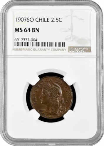 Chile 2.5 centavos 1907 So, NGC MS64 BN, "Republic of Chile (1899-1959)" Pop 1/1