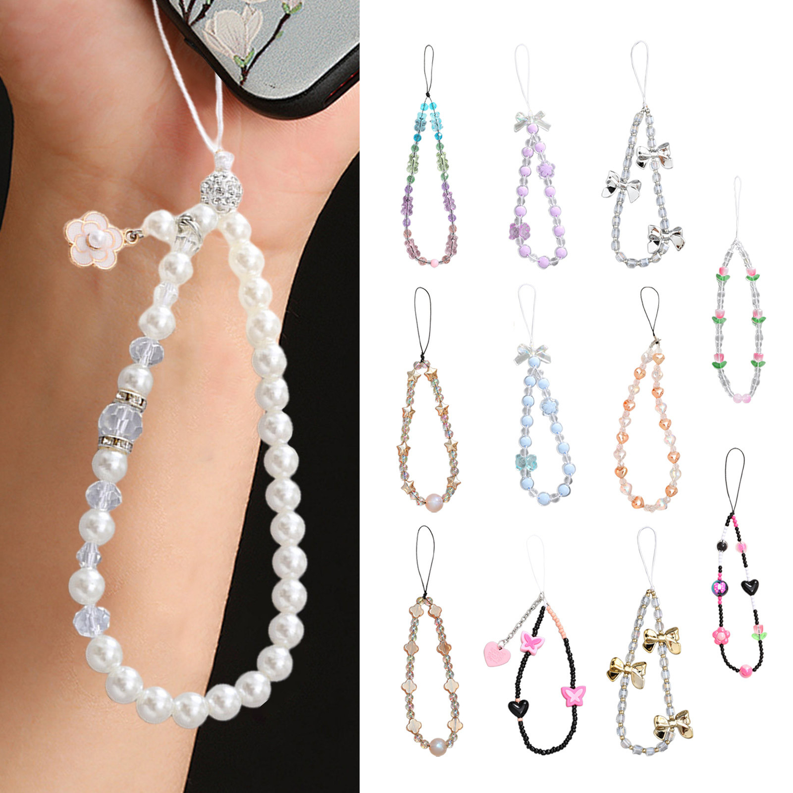 2 Stück Handy-Kette, Handy-Armband, Schlüsselanhänger, Perlen-Perlen-Handy-La