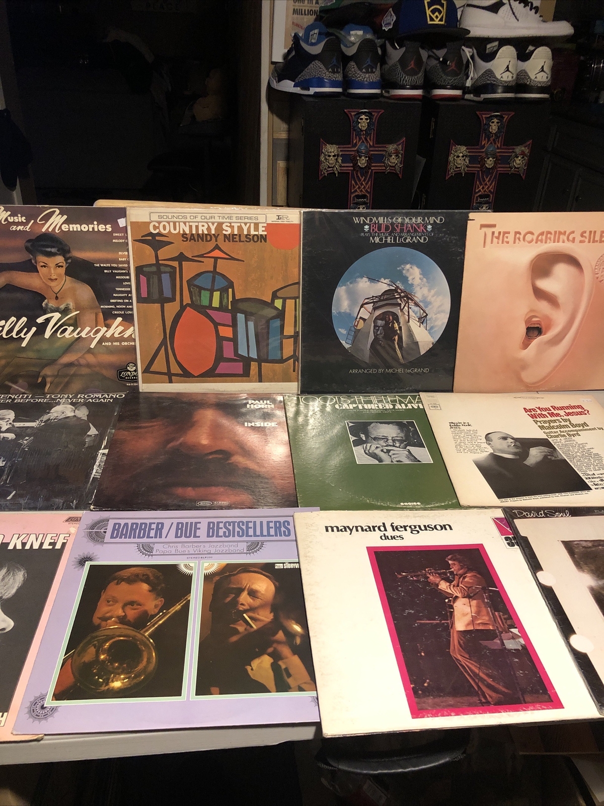 Lot of 12 Jazz Vinyl Records by Sandy Nelson, Shank, Vaughn, Mann, Horn & Toots Knief-image