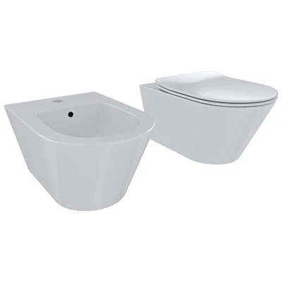 ARREDITALY Coppia sanitari sospesi vaso WC e bidet ovale moderno ceramica bianco lucido