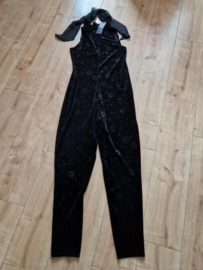 Mono Vintage Nuevo con Etiquetas Charlie xcx Terciopelo En relieve Floral Cuello Alto Delgado Pierna Foto 2 de 3