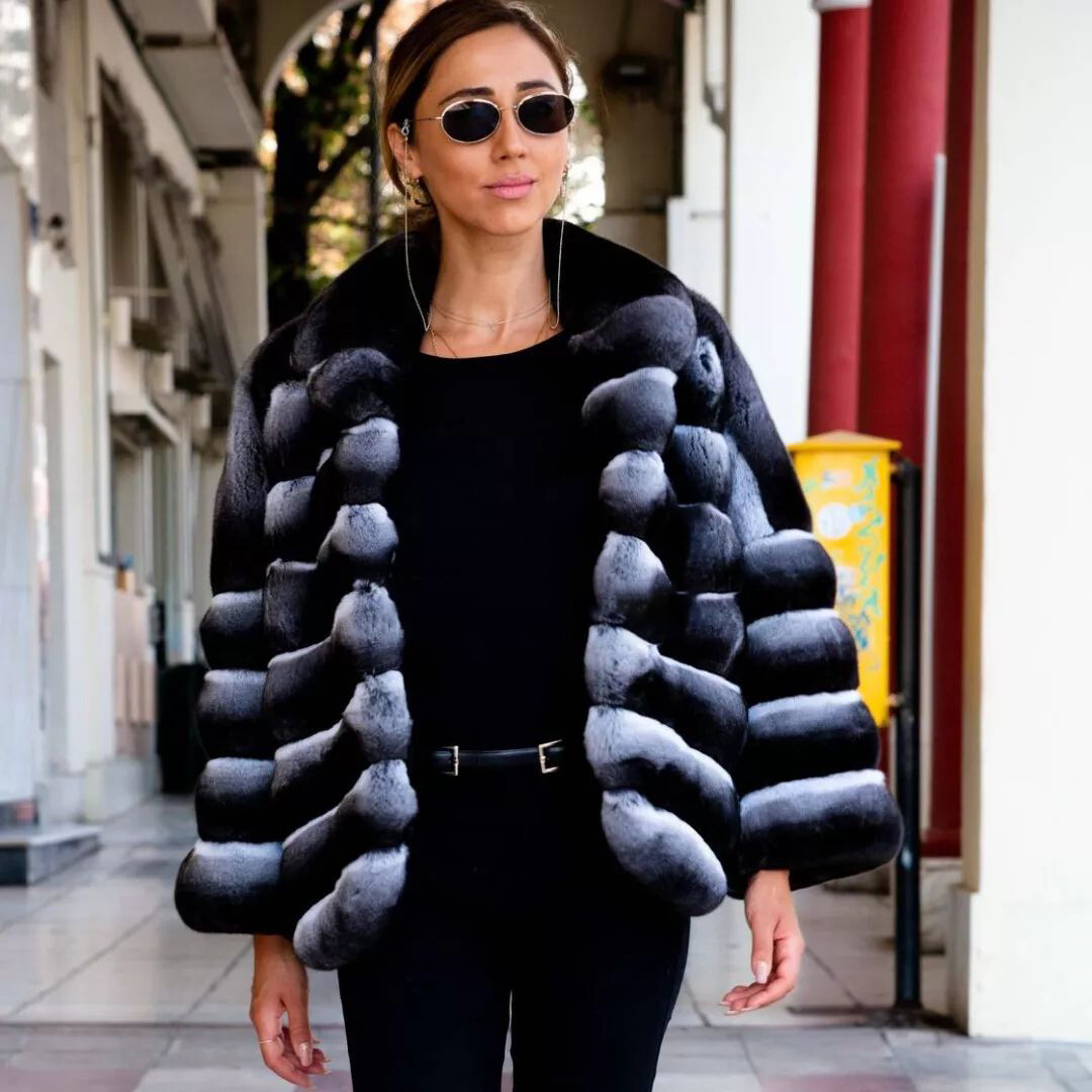 Elegant New Women Real Rex Rabbit Fur Coat Chinchilla Warm Jacket Winter Outwear