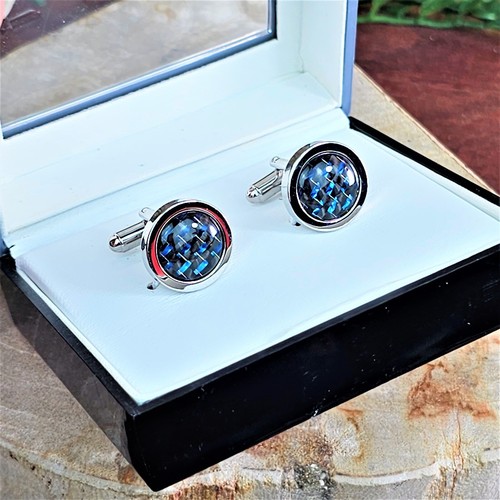 Geoffrey Beene Mens Silver Tone Cufflinks Dress Shirt Cuffs Blue Gunmetal Weave - Picture 8 of 10