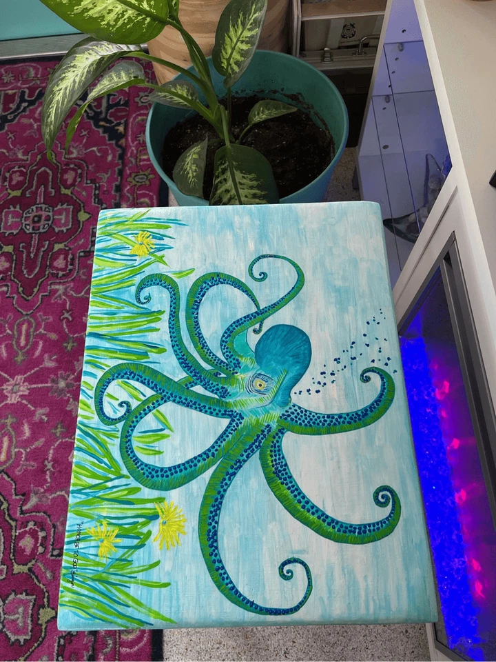 Octopus Tray Table Hand Painted Coastal Vintage Rare Wood Original-L19” W14” - Image 3 of 4