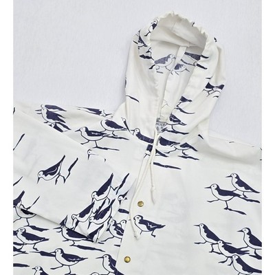 Michigan Rag Co Mens XL Bird Print Hooded Jacket White Navy Vintage Snap Front