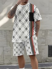 The latest men's summer color-blocked striped print casual suit  a short