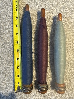 3 Vintage Wooden Spools Textile Mill Thread Bobbins Spindles w/Yarn