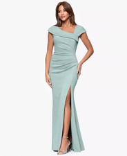 Xscape Asymmetric Gown Pleated Ruched High Slit Sage Green Size 12 NWT $249