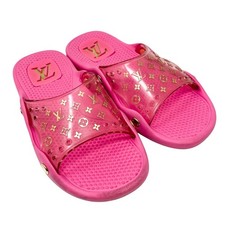 LOUIS VUITTON Vintage LV Monogram Logo Slide Sandals 37-37.5 Pink Gold Rubber