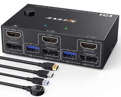 MLEEDA USB 3.0 Dual Monitor KVM Switch HDMI+Displayport 4K@60Hz, 2K@120Hz