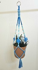 Macrame Cotton Cord Plant Hanger 33" Wooden Beads Metal Ring Handmade Blue