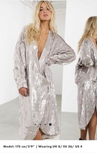 ASOS EDITION Sequin Embellished Drape Sleeve Wrap Midi Dress Silver UK 8