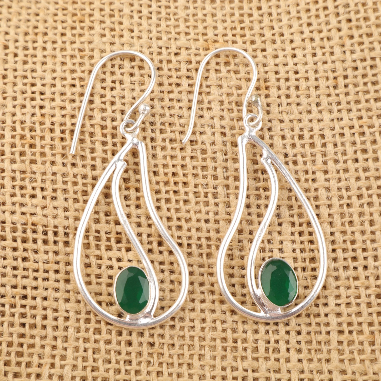 925 Sterling Silver Oval Cut Green Onyx Stone New Dangling Bezel Trendy Earrings