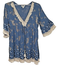 Zury Mini Dress Free Size Blue Gold Paisley Print Boho Fringe Festival Beachy