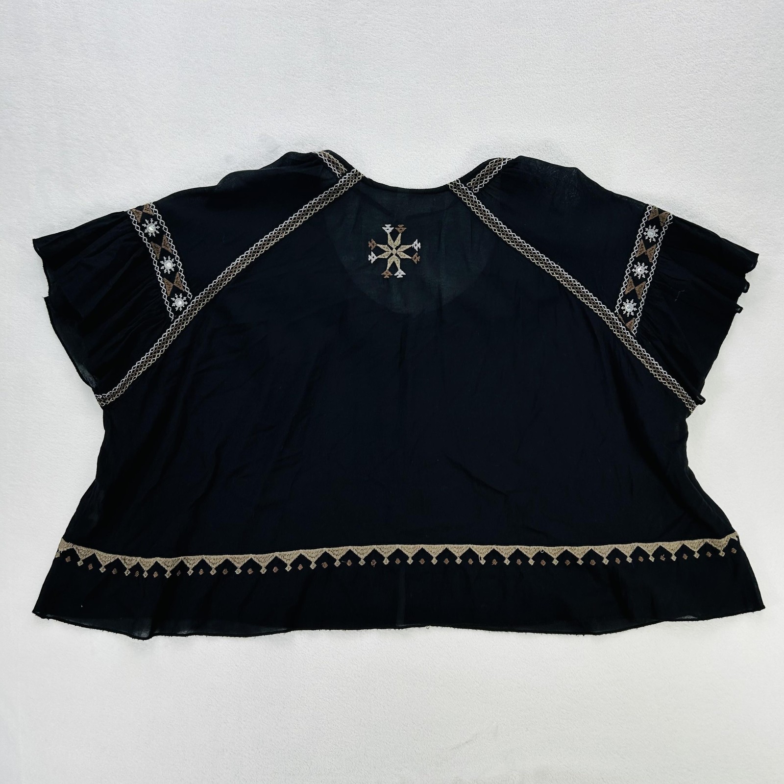 Free People Blouse Womens XS Black Embroidered Boho Peasant Top Sheer Flowy