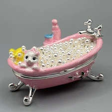 Kitty Cat Bubble Bath Pink Tub Crystal Jeweled Enameled Trinket Box - See Video
