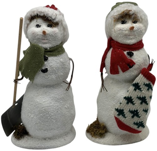 2 Vintage Byers’ Choice Snowmen with Knit Stocking And Metal Shovel 9.5” Tall - Picture 2 of 9