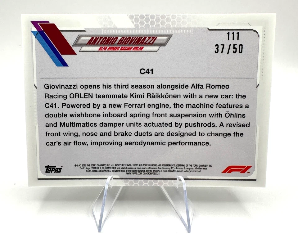 2021 Topps Chrome Sapphire Formula 1 F1 Antonio Giovinazzi Gold /50 #111 - Image 2 of 2