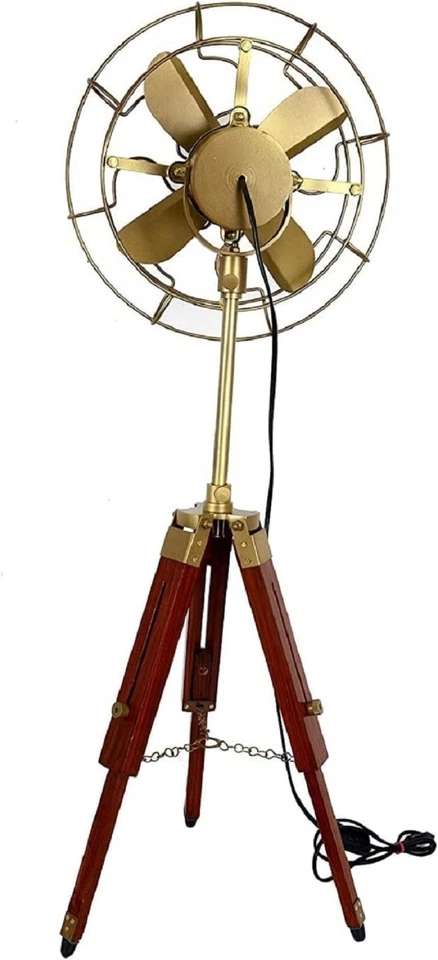 Ventilador de trípode antiguo estándar con aspecto moderno ventilador de pedestal de soporte de trípode de madera Foto 3 de 3