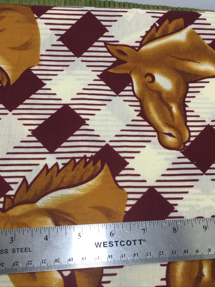 Vintage Golden Horse Head on Beige and Maroon Checkered Background Fabric 3/4 Yd - Image 4 of 4