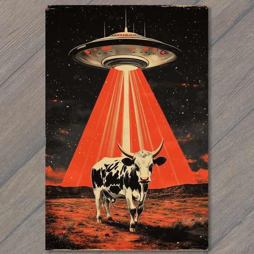 FLATCARD UFO Cow Abduction Retro Sci-Fi Alien Spaceship Beam