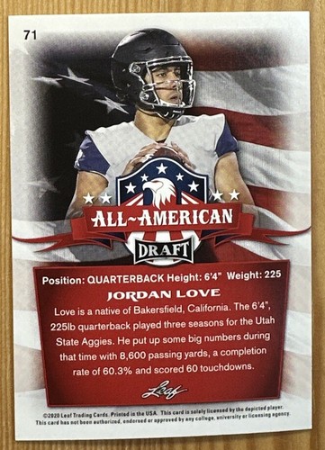 🔥Jordan Love🔥 2020 Leaf Draft All-American Utah St Green Bay Packers🔥RC - Picture 2 of 2