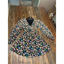 Skater Mini Dress ASOS DESIGN Floral Print Long Sleeve Wrap Tie Black Size 6