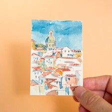 ACEO watercolor original of Lisbon landscape of Alfama view from Santa Lucia