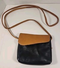 Leather Italy Vera Pelle 2 Tone Camel  Black Flap Magnetic Crossbody Bag Purse