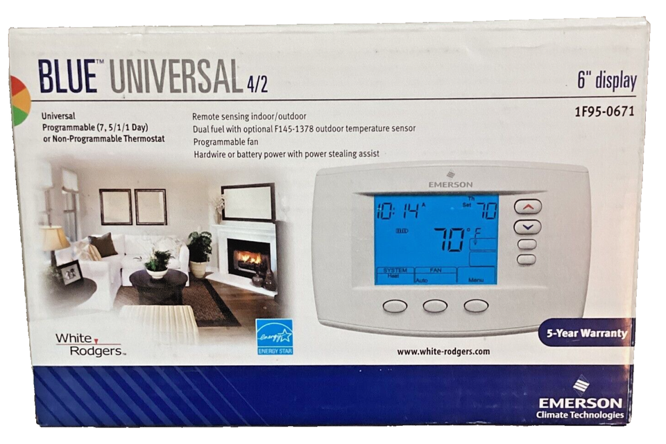 Programmable Thermostat Emerson 1F950671 Blue Easy Reader 7Day White Rodgers eBay