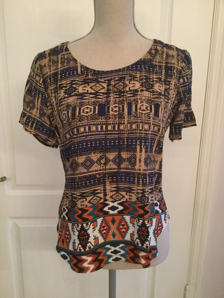 Copper Key Top Short Sleeves Aztec Print w/Key Hole Back Cotton