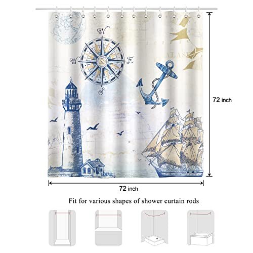 Shower Curtain for Bathroom Lighthouse Compass 72"W X 72"H Nautical Sailboat - Picture 7 of 7