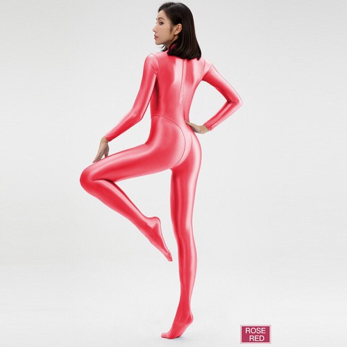 AMORESY Women's Smooth Glossy Jumpsuits Long Sleeve Yoga Zipper Fitness Catsuits - Picture 28 of 50