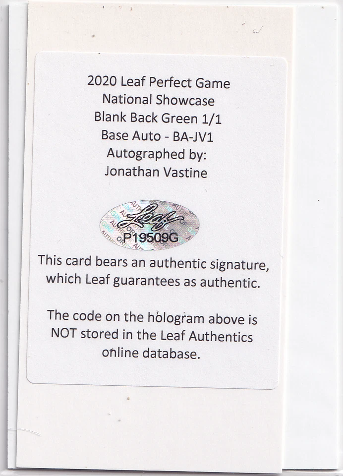 2020 Leaf Perfect Game National Showcase Jonathan Urstine #BA-JV1 Auto 1/1 - Image 2 of 2