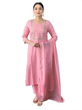 Women Rayon Slub Fabric Embroidered Work Straight Cut Kurta, Pant and Dupatta
