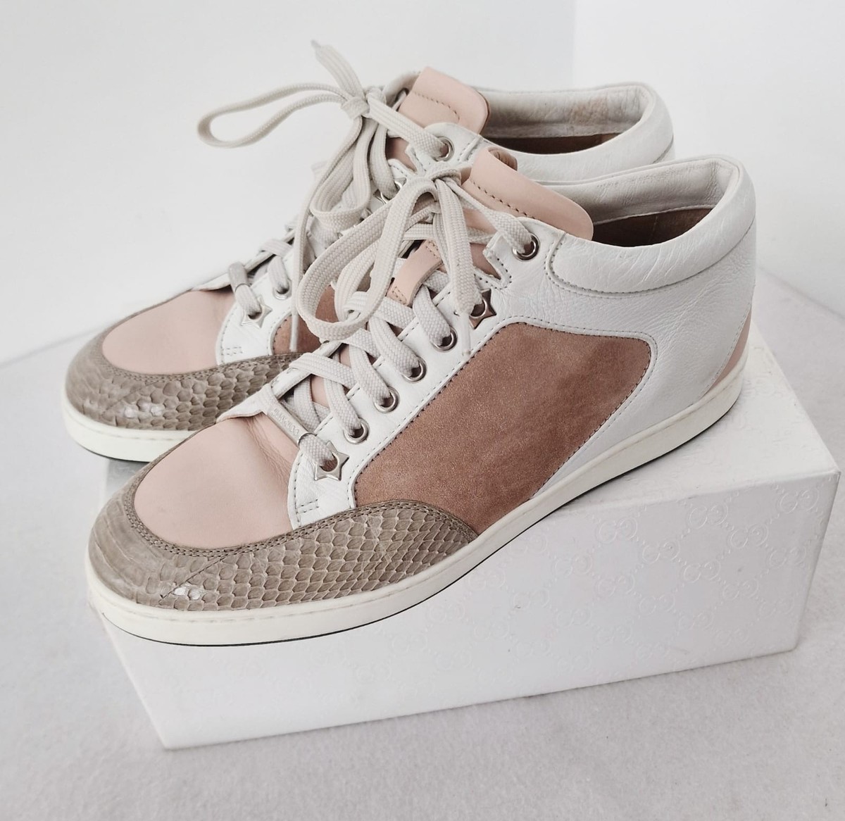 Jimmy Choo Miami beige white snakeskin trainers in size 38, UK