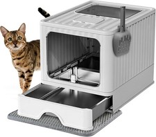 Stainless Steel Enclosed Cat Litter Box; Covered Top Front Entry Grey