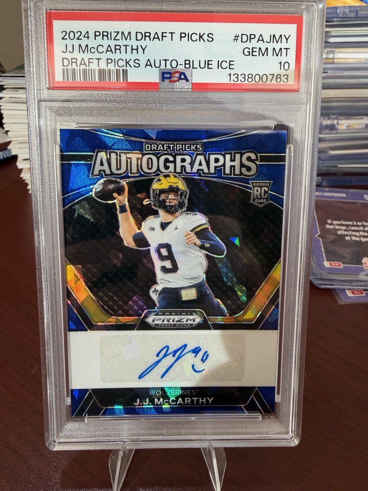 2024 PRIZM DRAFT PICKS JJ MCCARTHY AUTO- BLUE ICE RC /75 MICHIGAN PSA 10 GEM