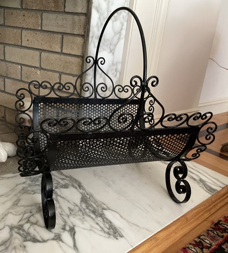 Black Wrought Iron Fire Wood Logs Standing Basket Rack-Handle-Scroll Legs-Hearts