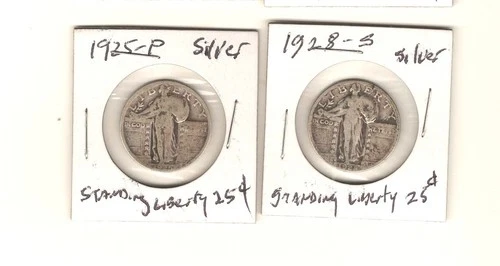 Vintage and Nice! 2 - 90% SILVER 1925 P & 1928-S STANDING LIBERTY QUARTER COINS